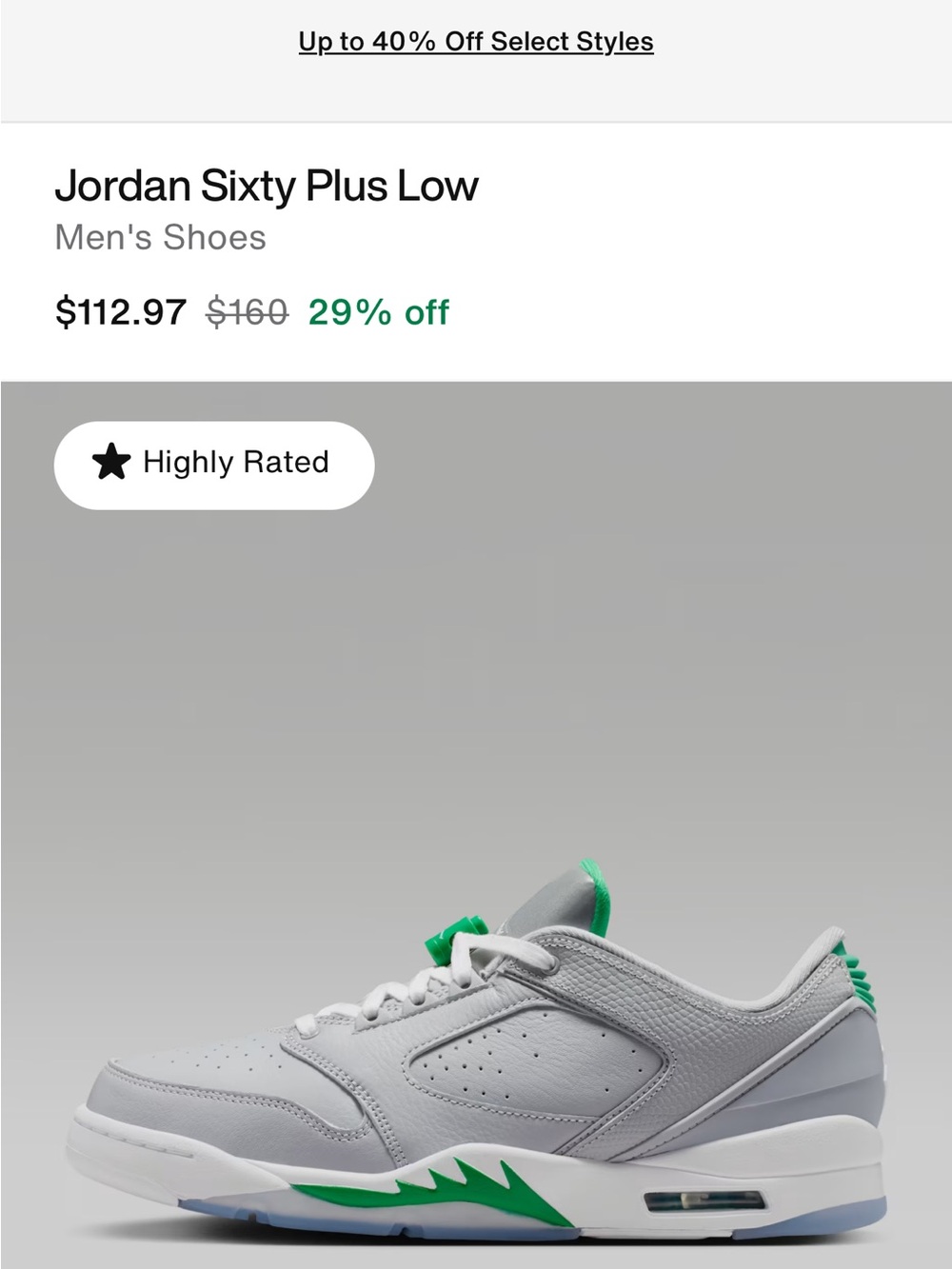 Jordan Sixty Plus Low in Light Gray with Green Highlights